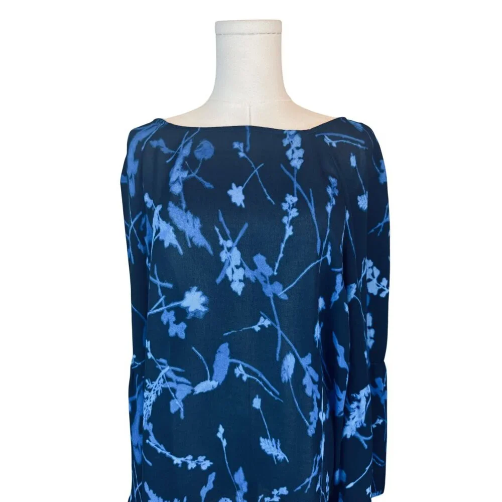 Banana Republic Large Flowy Blue Floral Print Long Bell Sleeve Blouse
